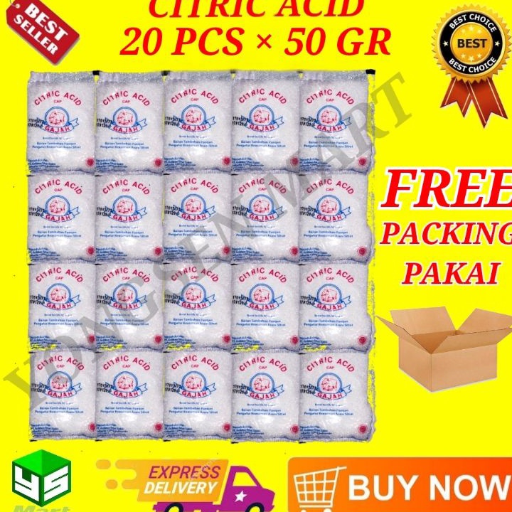 

Pasti Murah citric acid cap gajah 50gr @ 20 bungkus asam citrun pemutih pembersih