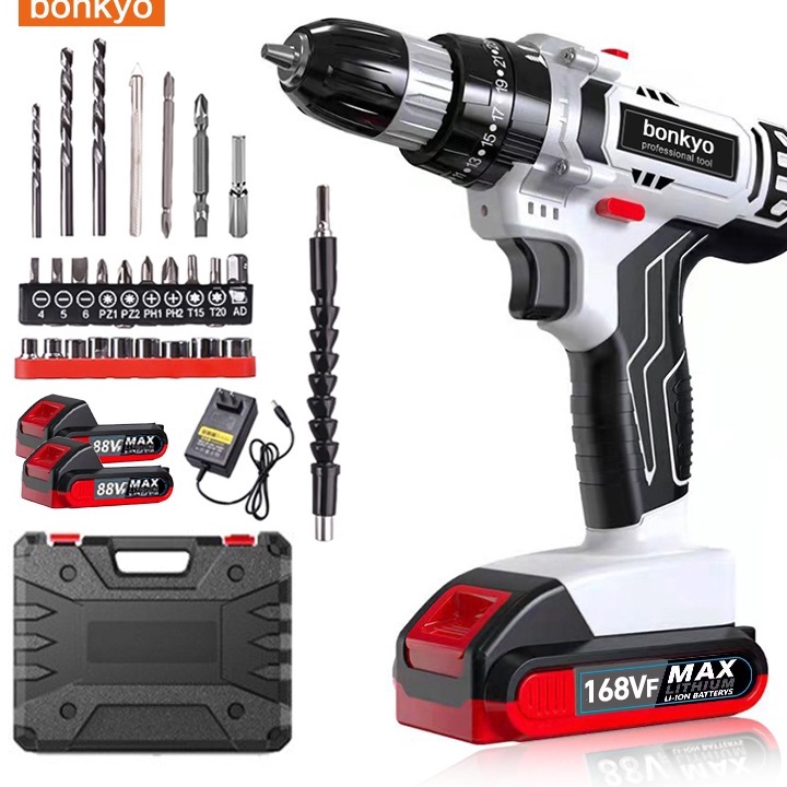 ➚➹✲ bonkyo 168VF Baterai dua ganda Mesin bor cordless/Elektrik Drill/ bor listrik/beton besi kayu fu