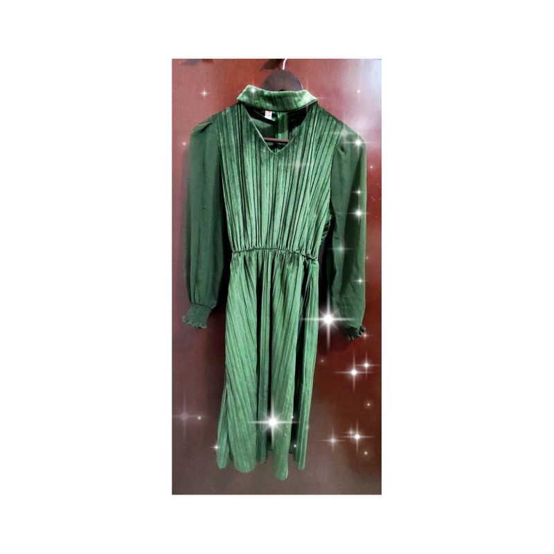 midi dress velvet bludru plisket hijau army jotol