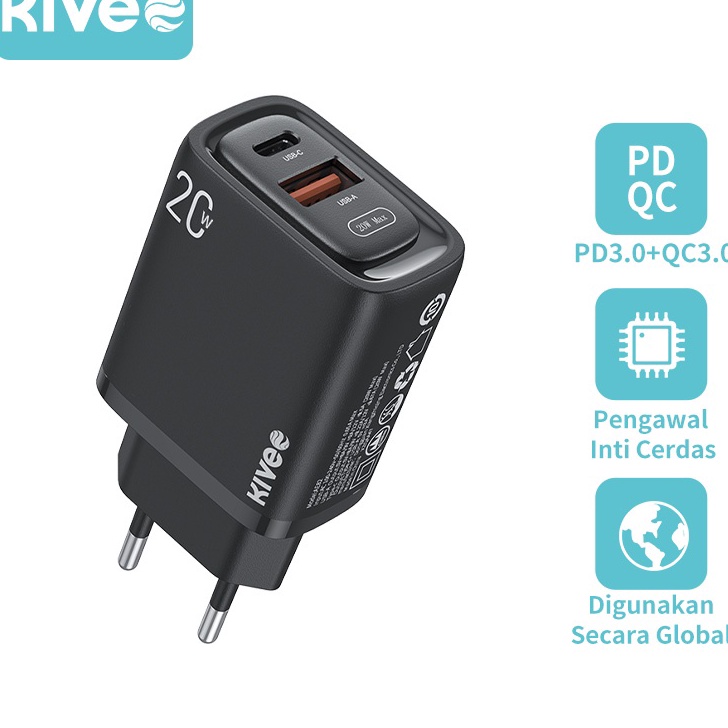 LPD251 KIVEE Charger Adaptor Dua port USB+Type C fast charging 20w PD+QC 3.0 kepala charger for ipho