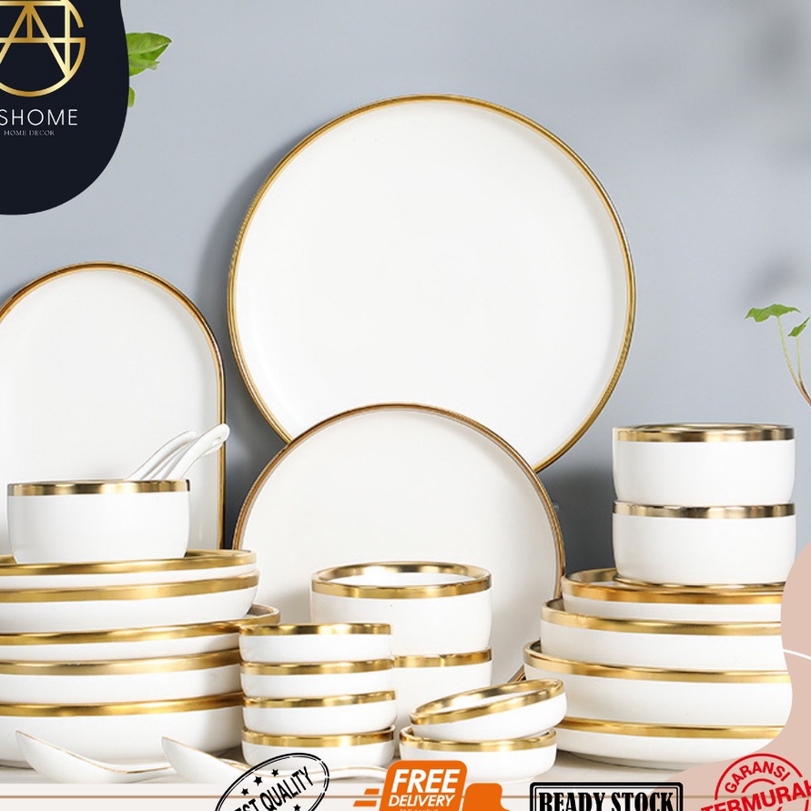 HOT SALE ASHOME Piring Makan Keramik Putih Gold / Piring Putih Keramik List Gold / Mangkuk Keramik P