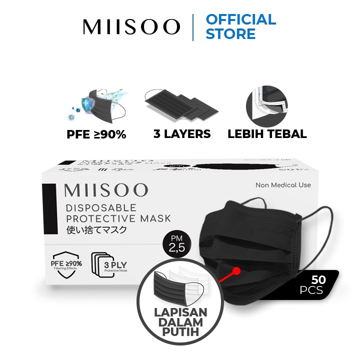 Best Seller MIISOO Disposable Masker Hitam Black Edition 50pcs Masker Kesehatan 3ply Earloop IZIN RE