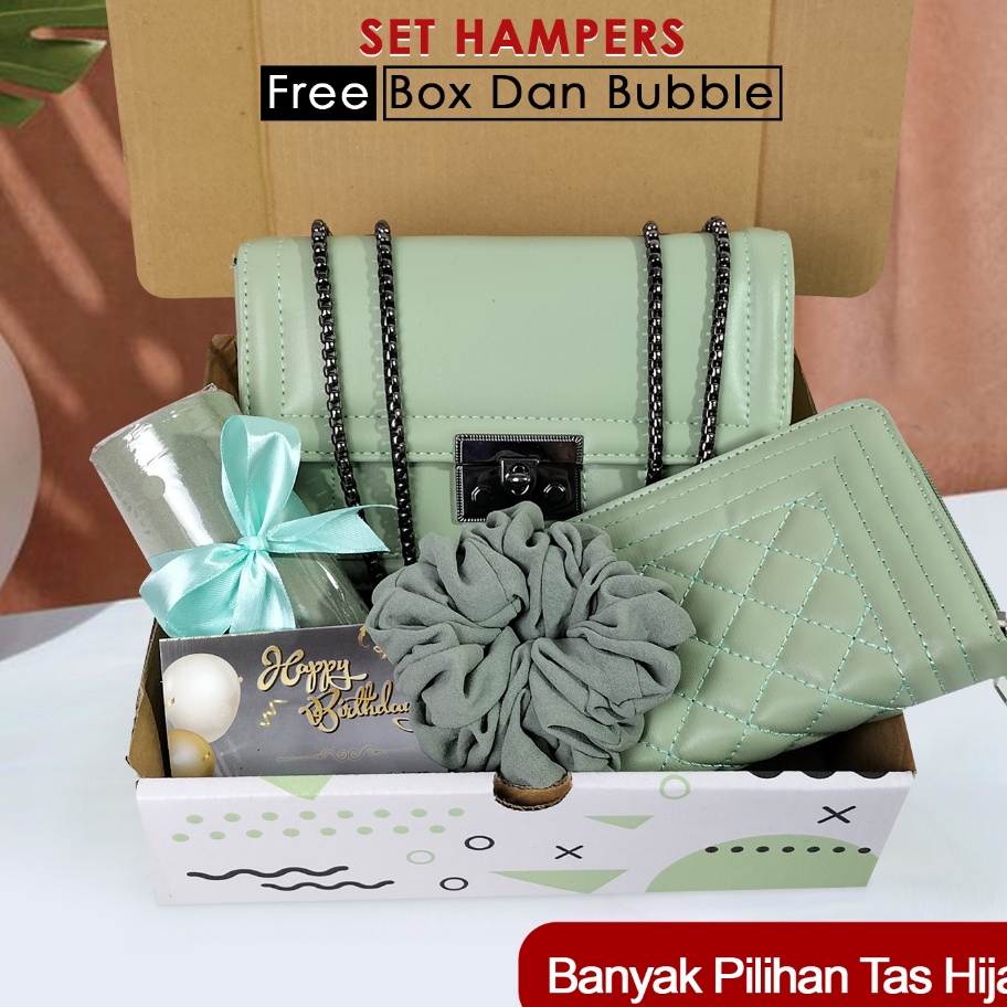 

SJHL7742 Ready Stok Hampers kado ulang tahun cewek paket hadiah wisuda hadiah wedding gift set tas cewek serba matcha sage