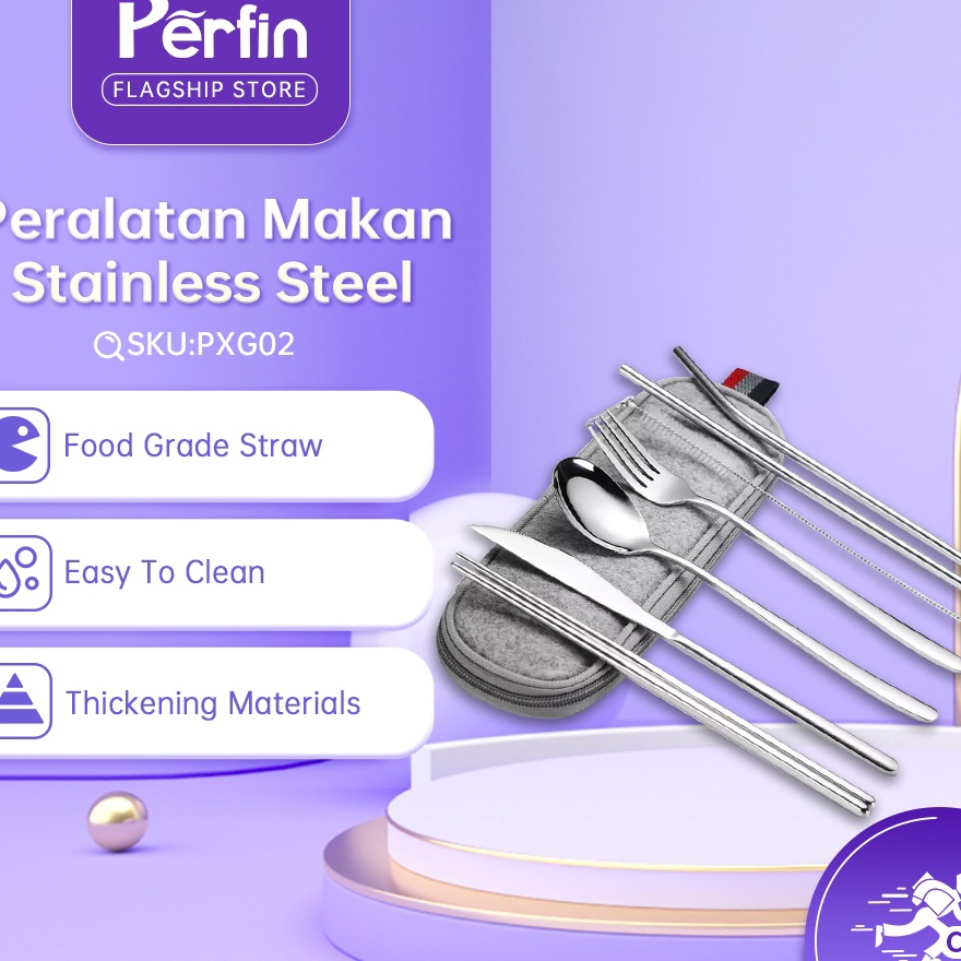 Best Seller! Perfin PXG01/PXG02 Sedotan Stainless & Cutlery travel set # Silver ✻