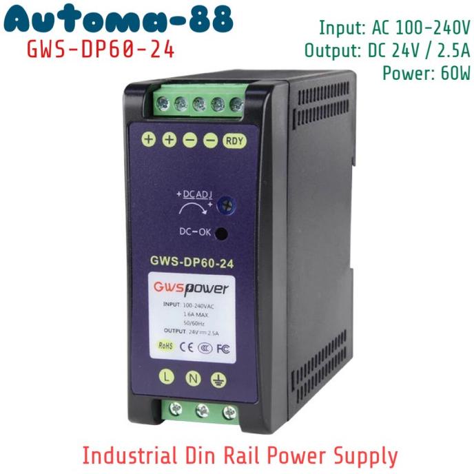 DIN Rail Power Supply 24VDC 2.5A 60 Watt Industrial Grade DC 24V 60W