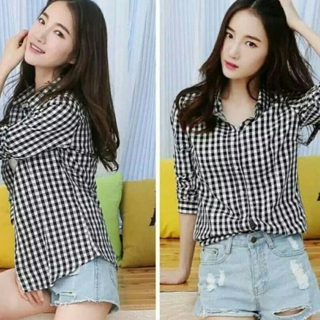 COD - BAJU KEMEJA KERJA WANITA / CASUAL WANITA KOTAK HITAM PUTIH FELICIA ERI Big Sale .