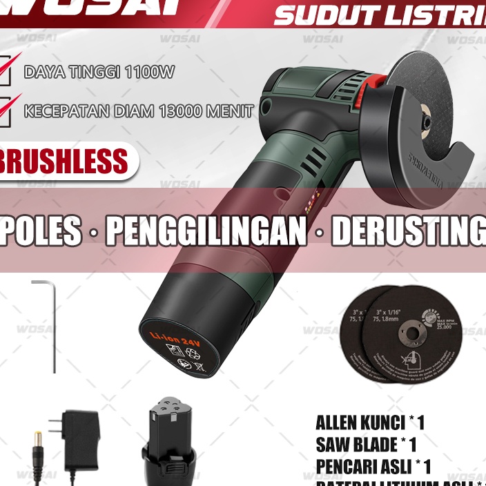 Star Seller. WOSAI Mesin Gerinda Tangan Baterai Cordless Brushless Grinder Mesin Bor Grinda Batrai G