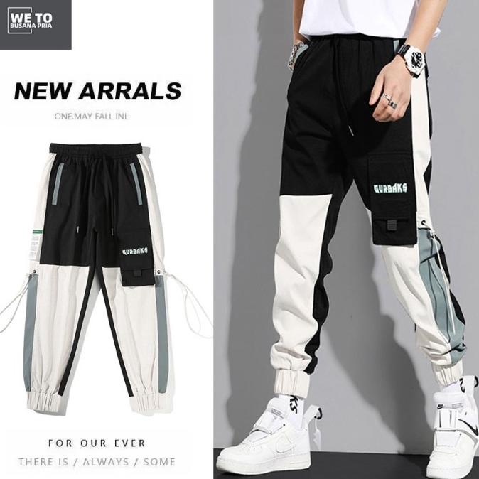 Celana Cargo Panjang Pria dewasa korea style casual hitam putih jumbo