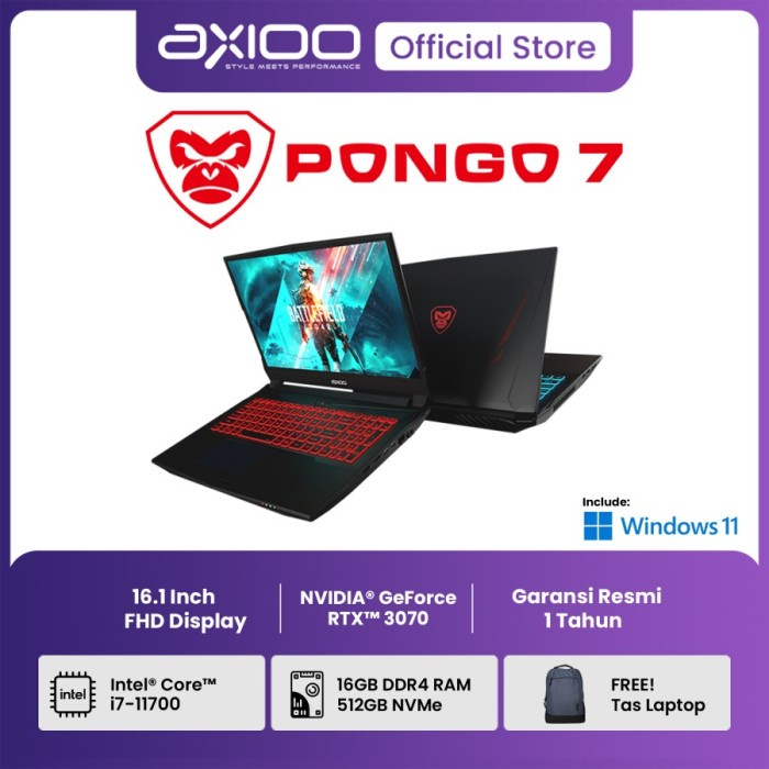 Laptop Axioo Pongo 7 RAM 16GB SSD 512GB 16.1” Intel Core i7 RTX 3070