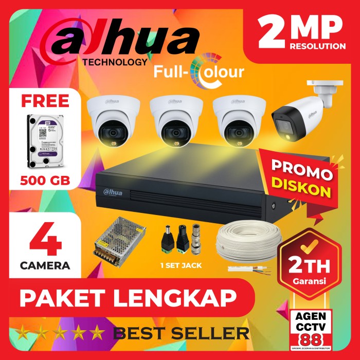Paket Cctv Dahua Full Color 4Ch 2Mp Colorvu 4 Channel Kamera Lengkap