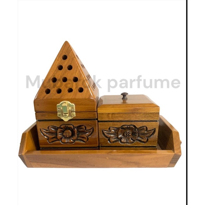 Adealines- Tempat Pembakaran Bukhur Dupa Set Mabkhara Kayu Jati Cantik Terompah