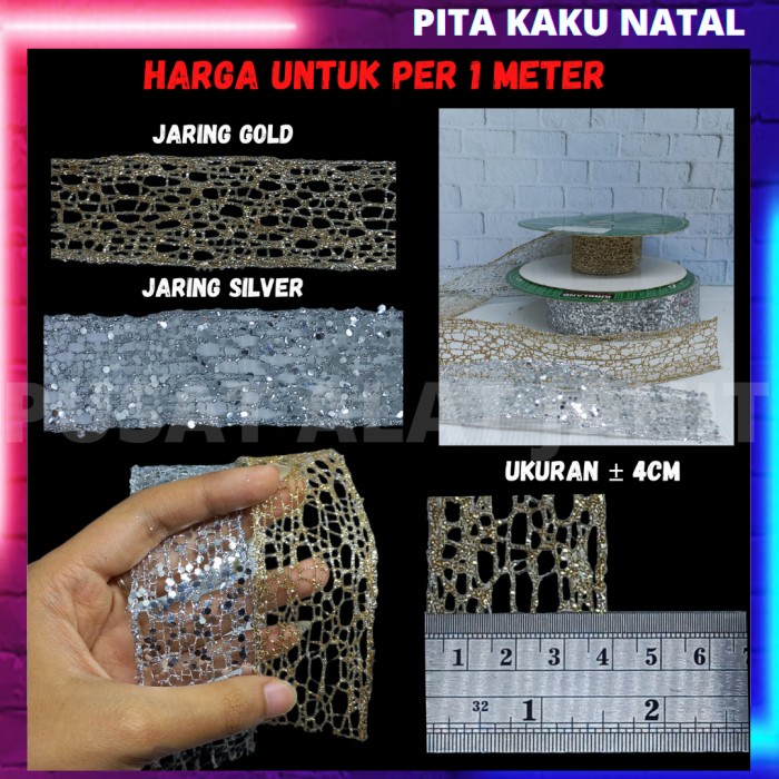 Spesial Kain Jaring Kaku Aksesoris Kado Hampers Parcel 4Cm Gold Perak Meteran Natal