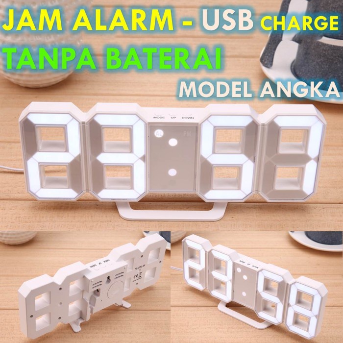N898U Jam Alarm Digital Model Angka Meja Tanpa Baterai Cas Usb Chargeable A9087