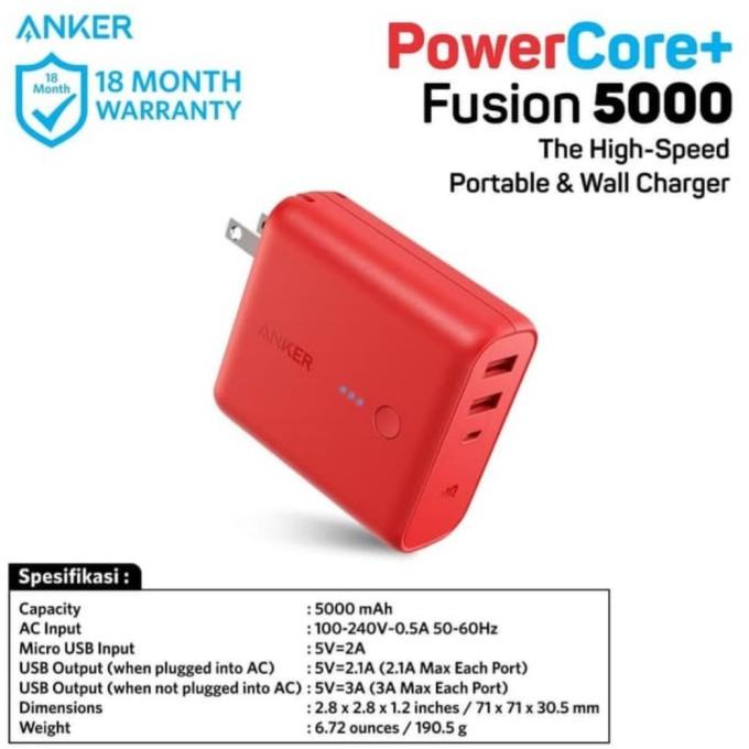 Angker Powercore Fusion Power Bank 5000Mah Red A1621H91