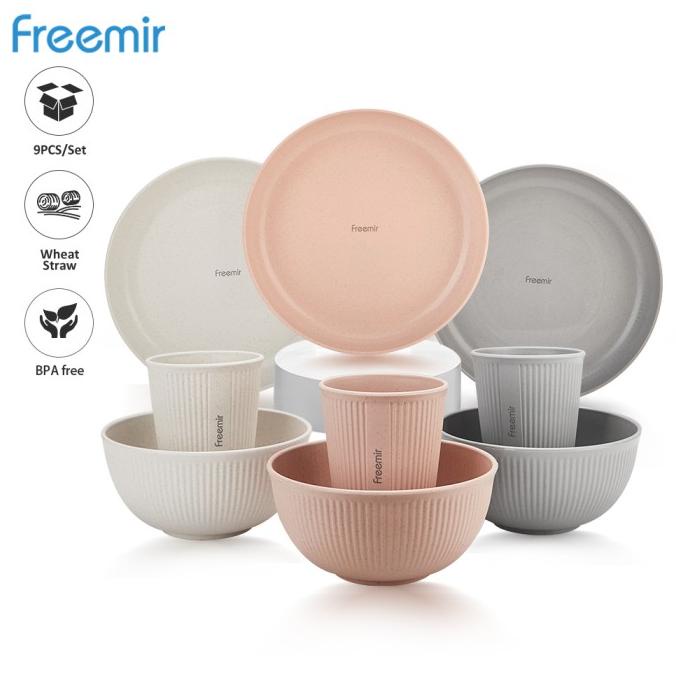 freemir Set Alat Makan Piring Mangkok Gelas 9 PCS Wheat Straw