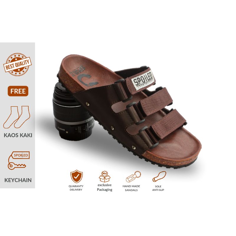 Sandal Slop Casual Pria Adjustable Size 39 40 41 42 43 Warna Cokelat Bahan Kulit Sintesis Anti Slip 