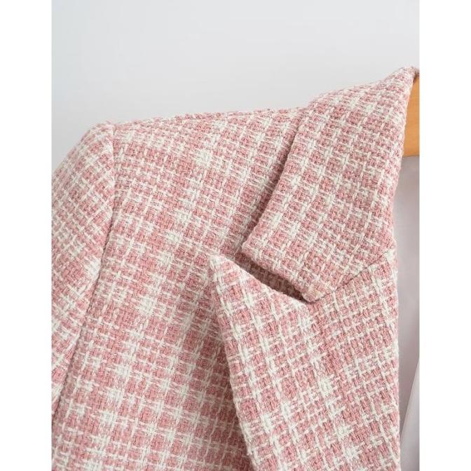 Terbaru Tweed Blazer Crop Pink Grid Korea Blezer Wanita Premium