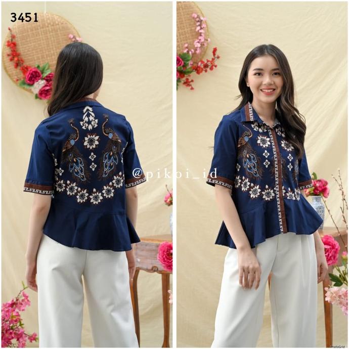 Baju batik wanita lengan pendek / kemeja kerah batik modern peplum
