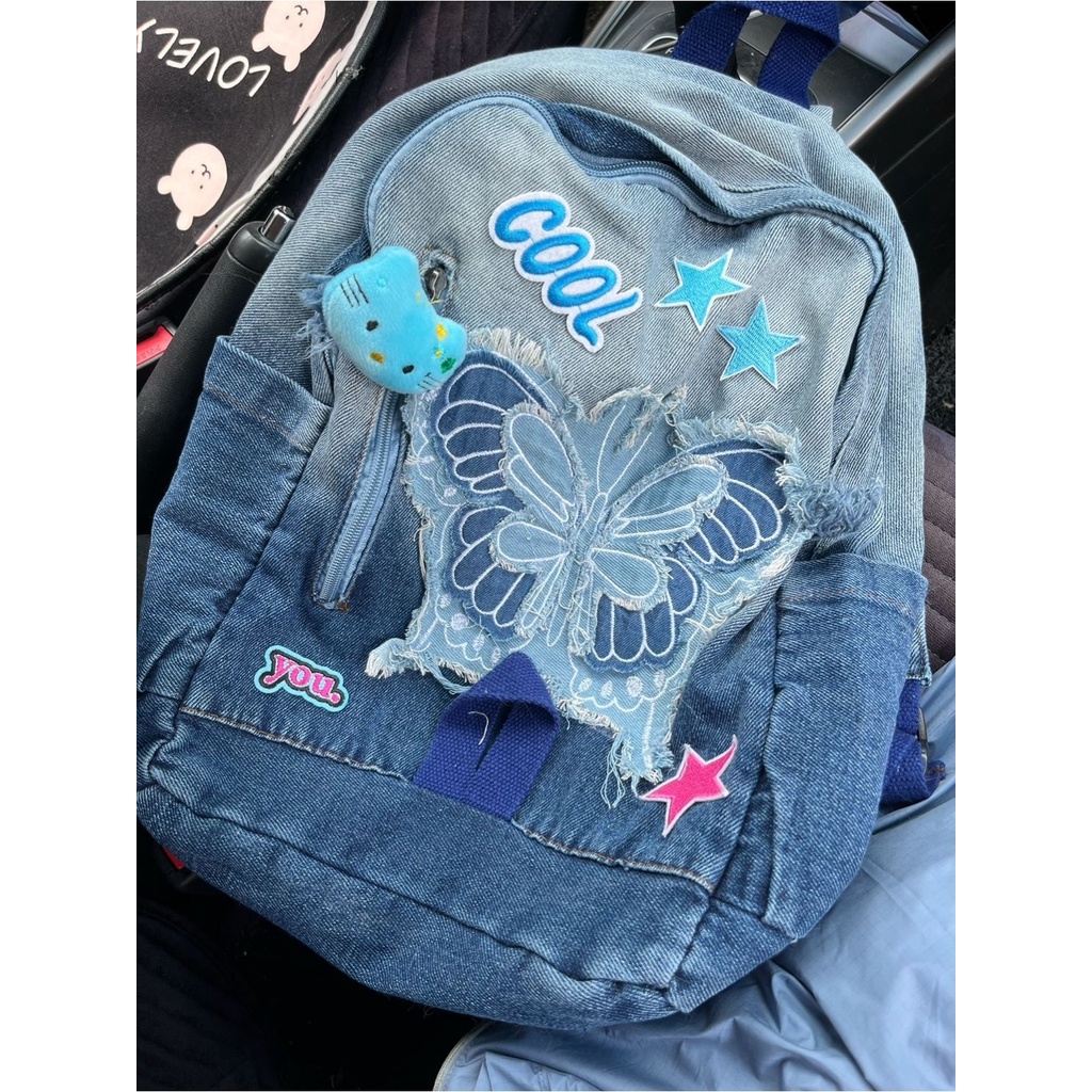 ✇Tas selempang wanita korea tas ransel mini hitam saus ceri asli gradien tie-dye denim dicuci biru k