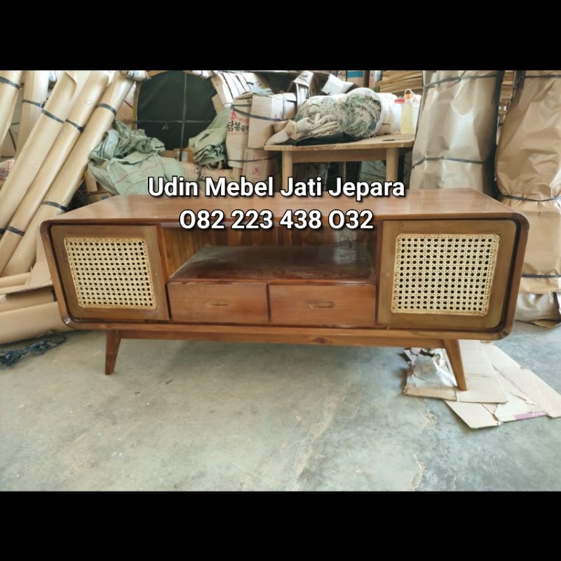 Bufet TV Pendek Meja TV Pendek Retro Ropan Aestetik Terbaru Kayu Jati Panjang 1,5m Asli Jepara