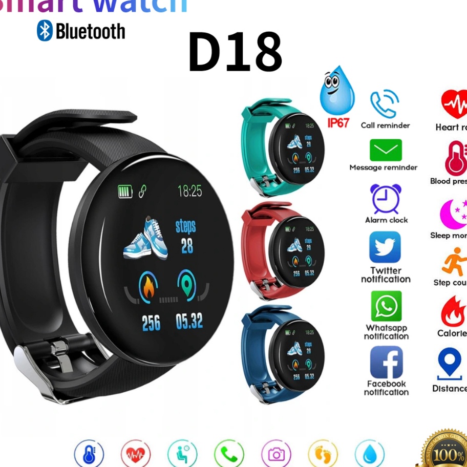 AIF141 SmartWatch D18 Pria Wanita Bluetooth Jam Tangan IP67 Tahan Air Heart Rate Pedometer Pelacak K