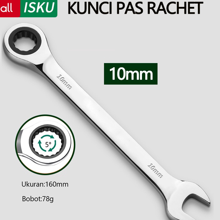 *Paling Laris* ISKU Kunci Ring Pas Bolak Balik 10mm 72gigi kunci ring rachet 10mm kunci shock set Ku