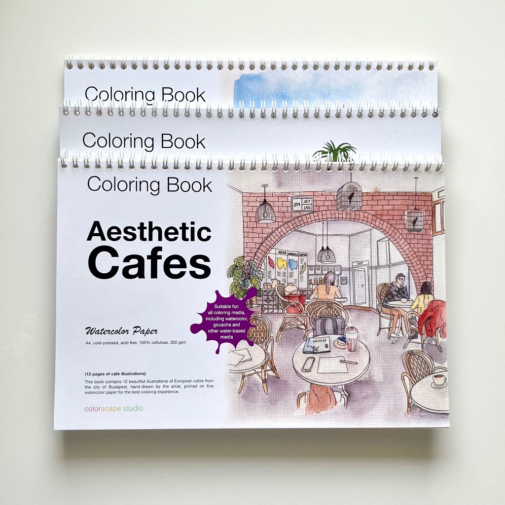 

Watercolor Colng Book - Aesthetic Cafes - Buku Mewarnai Untuk Cat Air