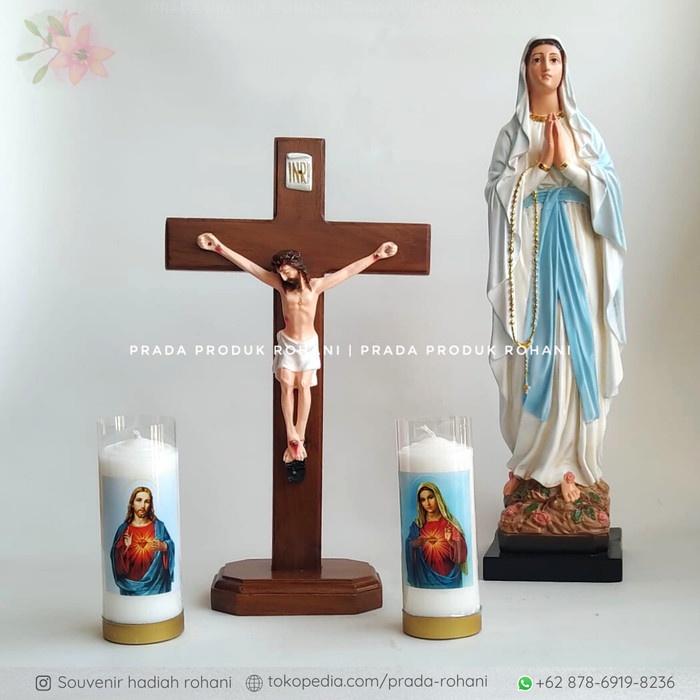Set Doa Katolik / Patung Bunda Maria Lourdes 60cm / Salib duduk 40cm