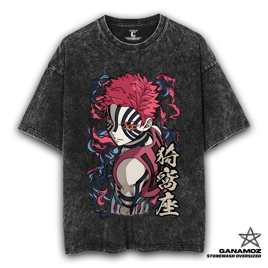 GANAMOZ Kaos Anime Demon Slayer AKAZA Stone Wash Oversize T-shirt | Kaos Oversize Wanita | Kaos Over