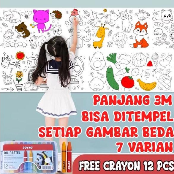 

Mainan Edukasi Anak Kertas Gambar Rol, Drawing Roll 3m FREE Crayon