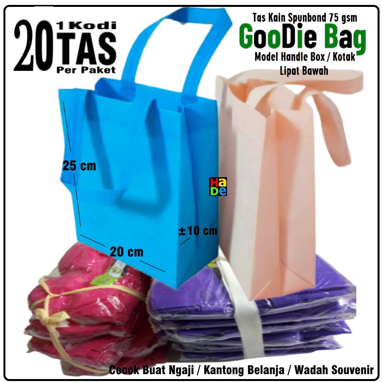 

➫ 1 Kodi isi 20 Tas Kain Spunbond Kotak / Handle Box Goodie Bag Ukuran S.= 20x25x9 cm Kantong Belanja Lipat Serbaguna, Goody Bag Bingkisan Souvenir Ultah / Ulang Tahun / Pernikahan, Tas HP Ponsel, Kosmetik dll Polos Murah Harga ⌒-⌒