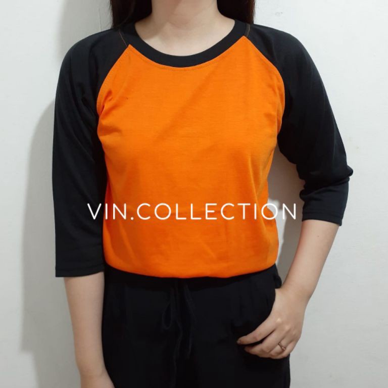 Stok Banyak?? Kaos polos raglan 3/4 pria wanita - orange kombinasi hitam Stock Banyak