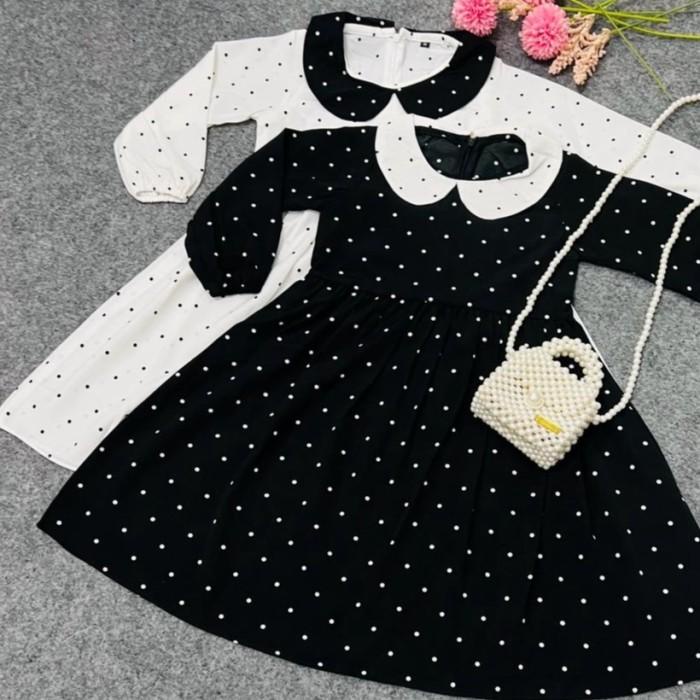 TERLARIS DRESS ANAK PEREMPUAN LENGAN PANJANG POLKADOT WEDNESDAY ADDAMS
