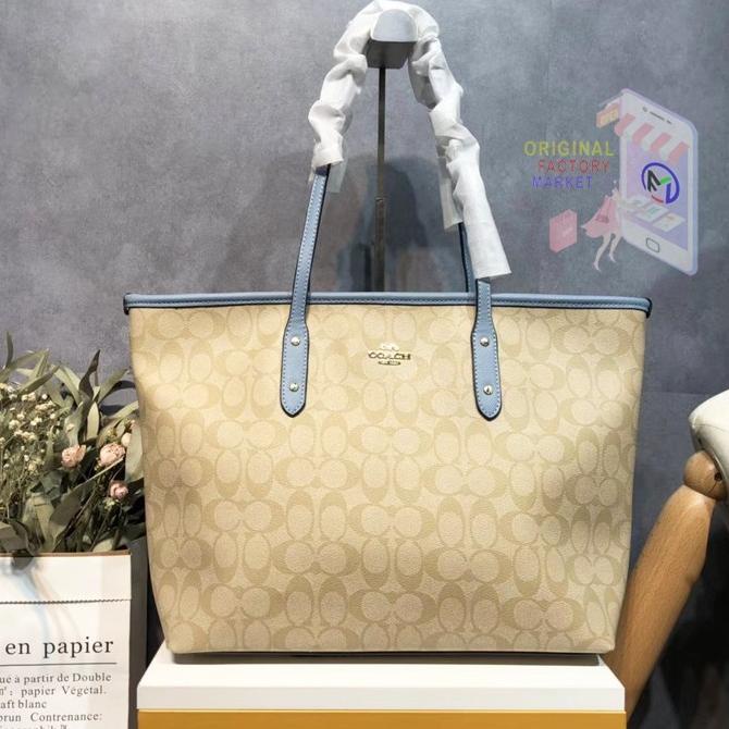 TAS C0ACH F58292 Tote City Zip Signature KHAKI Light Blue ORIGINAL