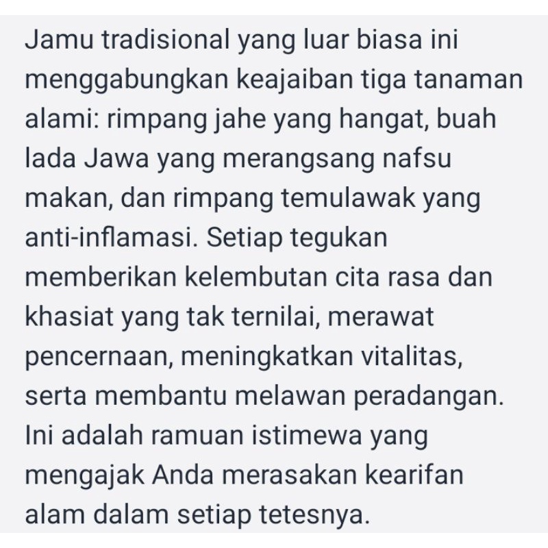 

Korzaln Jamu Putri Sakti Nafsu Makan Gemuk Badan Manis/Pahit (Beli 2 Hemat Ongkir)
