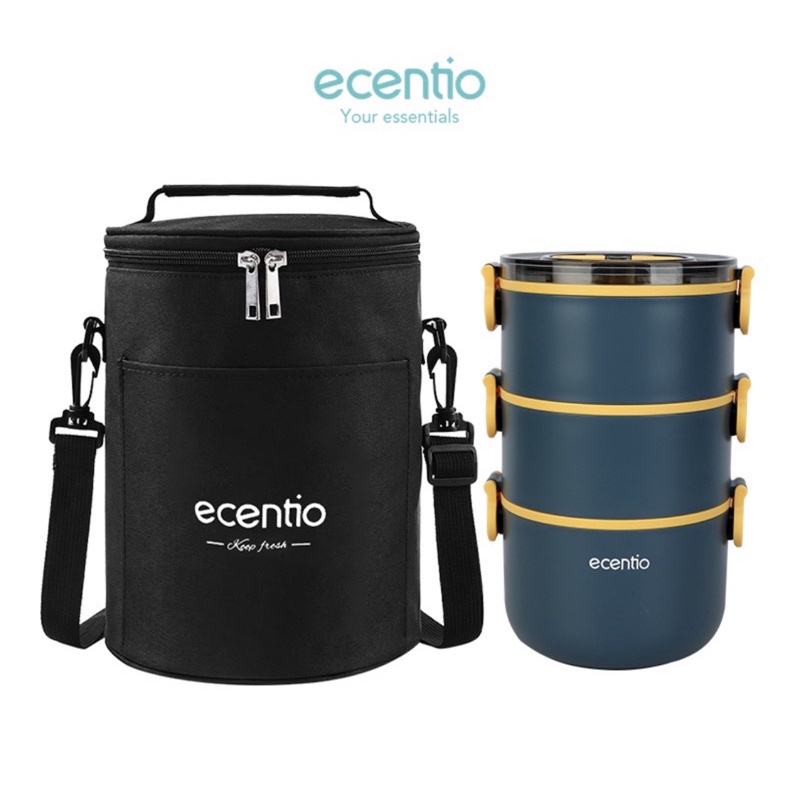Ecentio Set Tempat Makan 2200Ml Rantang Susun 3 Anti Tumpah Free Sendok Lunch Box Set Dan Tas Kotak