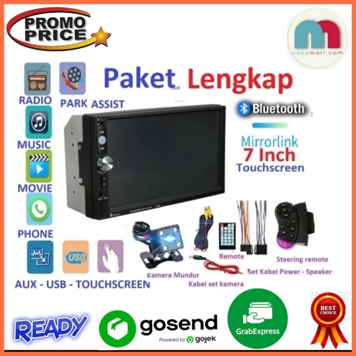 Bestseller Paket Lengkap Tape Mobil Double Din 7 Inch Kamera Mundur Remote Setir