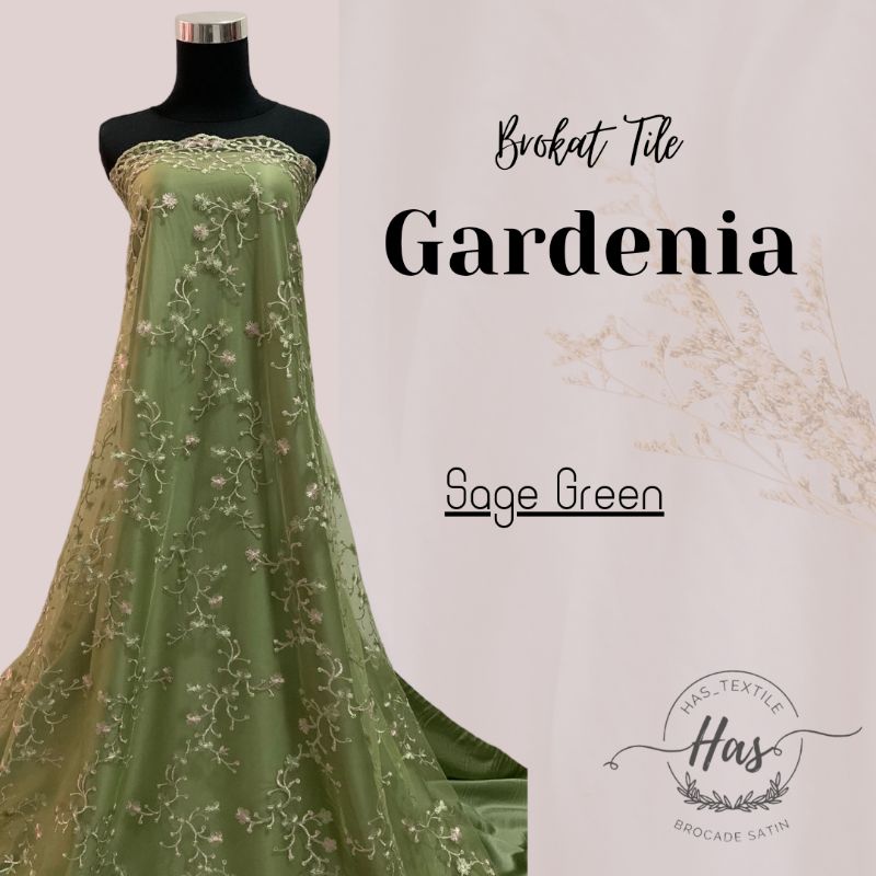 Bahan Kain Brokat Tile Gardenia Two Tone Motif Bunga Warna Hijau Sage Green