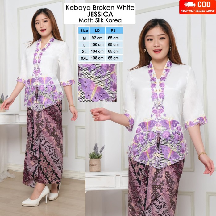 Terlaris Atasan Kebaya Putih Modern Bordir Bunga Ungu CantikKabaya Kondangan
