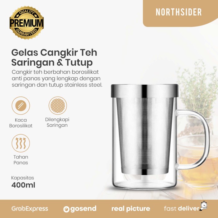 Gelas cangkir teh kaca 400ml saringan dan tutup stainless steel