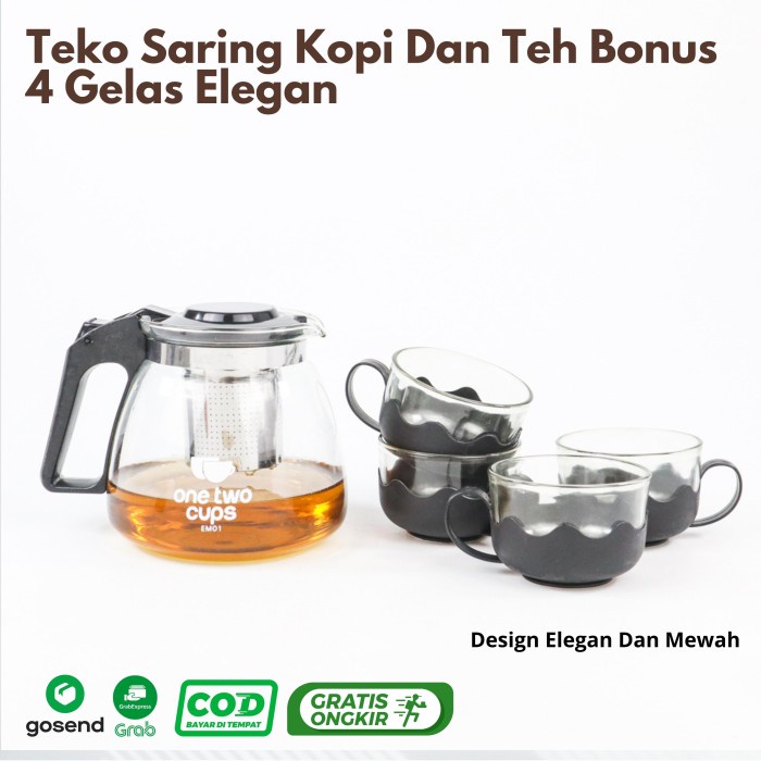 Teko Kaca Bening Saring Kopi Dan Teh Bonus 4 Gelas Elegan Berkualitas