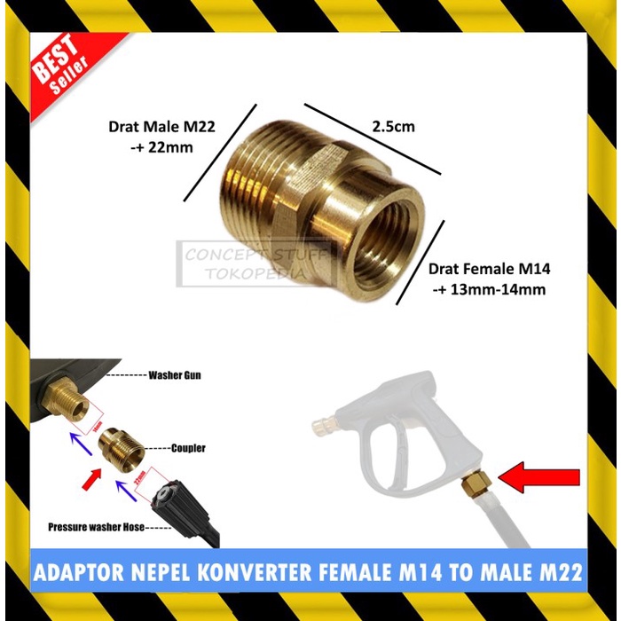 ADAPTOR KONVERTER NEPEL FEMALE M14 TO MALE M22 SAMBUNGAN SELANG GUNJET