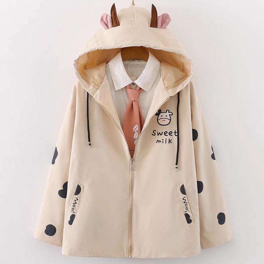 SWEET MILK COW ZIPPER JACKET HOODIE TOPI TELINGA LUCU (PH)