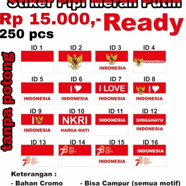 

Model Terkini⁑ 250 pcs stiker tanpa potong , stiker pipi merah putih 063 ➺