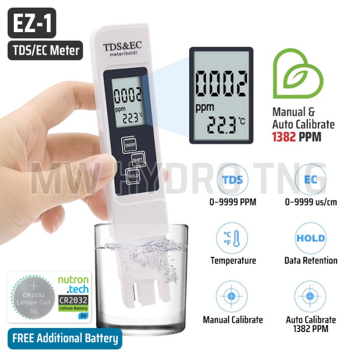Terlaris Tds & Ec Meter Ez-1, Alat Ukur Air / Nutrisi Hidroponik, Auto Cal