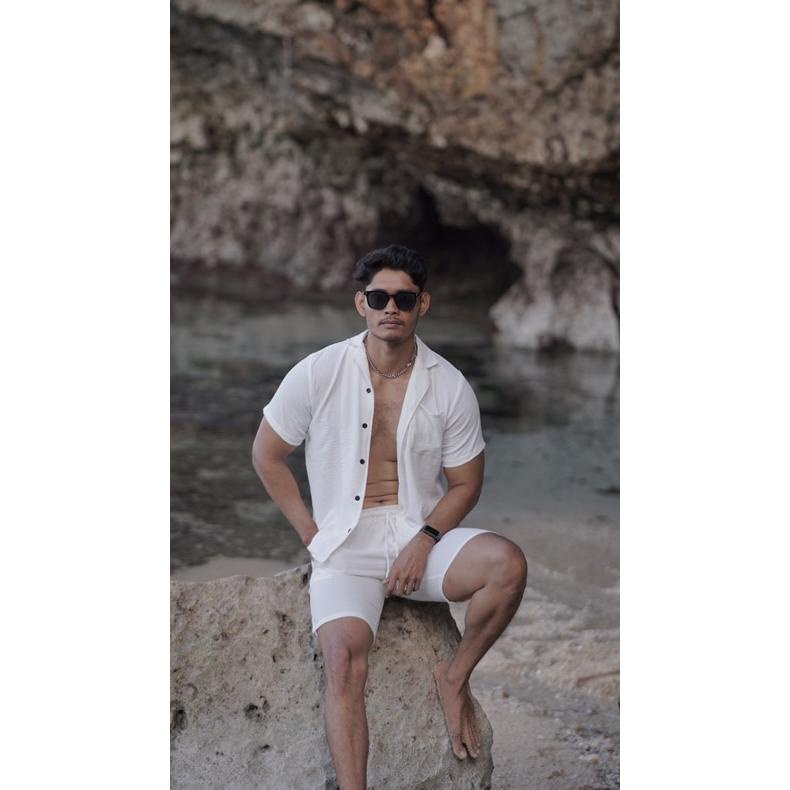 SALEE Baju Set Pantai Pria Putih / Setelan Pria / Baju Santai / Baju Pantai / Celana Pantai COD