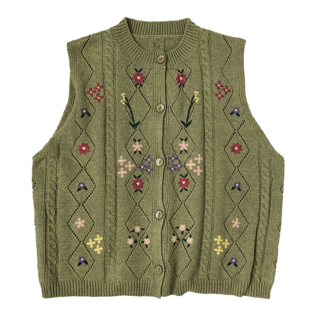 VEST RAJUT PREMIUM HIJAU BORDIR BUNGA OVERSIZE KOREA IMPORT