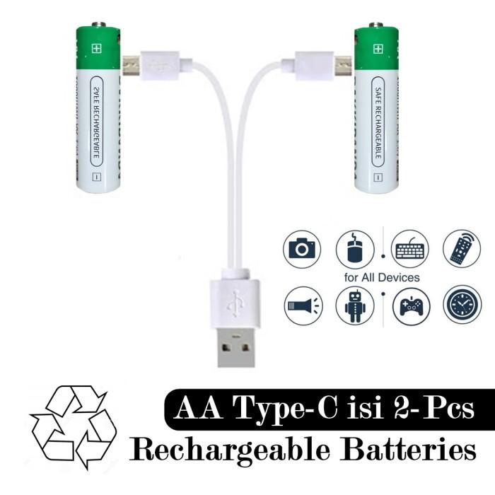 TERLARIS BATERAI AA A2 TYPE C 2 PCS RECHARGEABLE ISI ULANG RAKKIPANDA