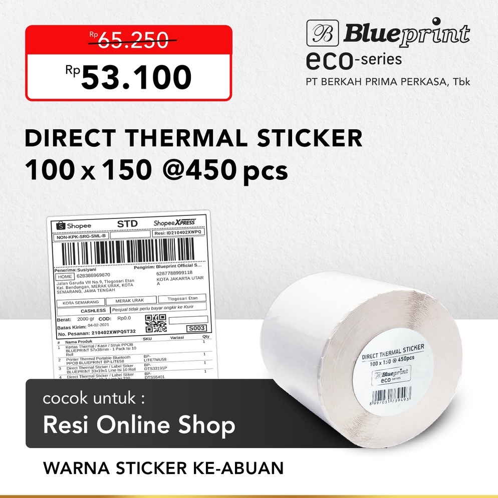

[CODE BARANG 319SDF] Direct Thermal Sticker 100 x 150 , Label Resi BLUEPRINT ECO 100x150 mm 128