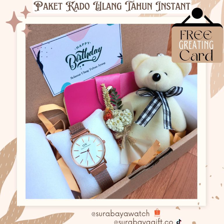 Toko SpesialJj8J3 (HEMAT MANIS) PAKET HAMPERS ULANG TAHUN CEWEK GIFT BOX WISUDA MINI jam tangan rant